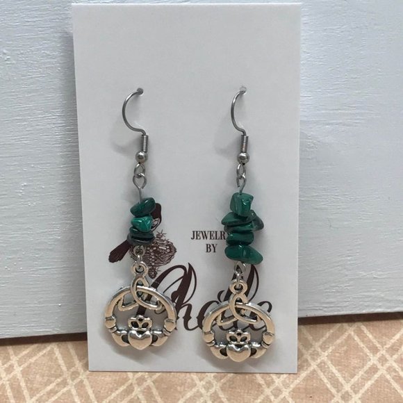 Claddagh Green Malachite Earrings - Picture 2 of 9